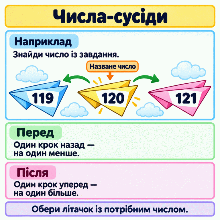 Картка про числа-сусіди. На трьох паперових літачках у навчальному прикладі написано 119, 120 і 121; 120 позначено як назване число. Крок назад від нього веде до числа на один менше, а крок уперед — до числа на один більше. Числа-сусіди Наприклад: Знайди число із завдання. Перед: Один крок назад — на один менше. Після: Один крок уперед — на один більше. Обери літачок із потрібним числом. 119 120 121 Назване число