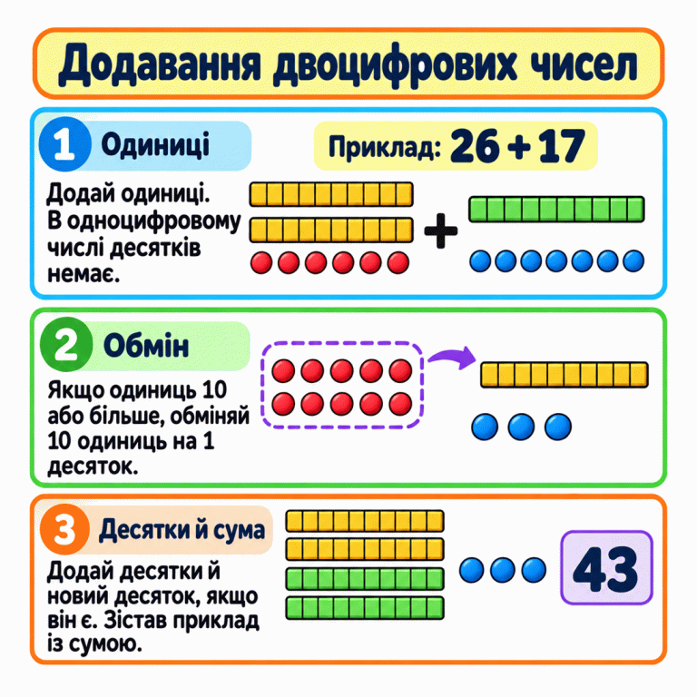 Навчальний приклад 26 + 17: спочатку дві десяткові смужки й шість одиниць додають до однієї смужки й семи одиниць. Десять із тринадцяти одиниць обмінюють на новий десяток, три залишаються. Одна підсумкова група має чотири десятки й три одиниці та підпис 43. Додавання двоцифрових чисел Одиниці: Додай одиниці. В одноцифровому числі десятків немає. Обмін: Якщо одиниць 10 або більше, обміняй 10 одиниць на 1 десяток. Десятки й сума: Додай десятки й новий десяток, якщо він є. Зістав приклад із сумою. Приклад: 26 + 17 + 43 1 2 3