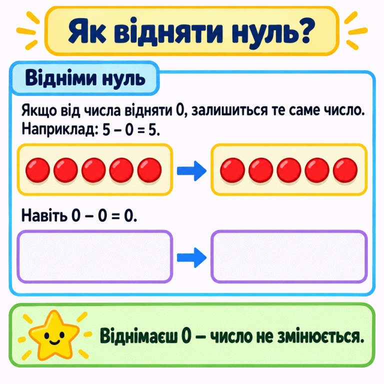 Картка про віднімання нуля. У прикладі 5 − 0 = 5 до й після віднімання є по п’ять фішок. Дві порожні групи показують випадок 0 − 0 = 0. Як відняти нуль? Відніми нуль: Якщо від числа відняти 0, залишиться те саме число. Наприклад: 5 − 0 = 5. Навіть 0 − 0 = 0. Віднімаєш 0 — число не змінюється.