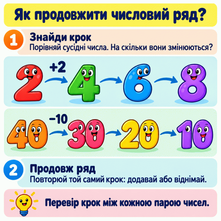 Картка пояснює числову послідовність: порівняй сусідні числа, знайди однаковий крок і повторюй його. Навчальний ряд 2, 4, 6, 8 зростає на 2; окремий ряд 40, 30, 20, 10 спадає на 10. Як продовжити числовий ряд? Знайди крок: Порівняй сусідні числа. На скільки вони змінюються? Продовж ряд: Повторюй той самий крок: додавай або віднімай. Перевір крок між кожною парою чисел. 2 4 6 8 +2 40 30 20 10 −10 1 2
