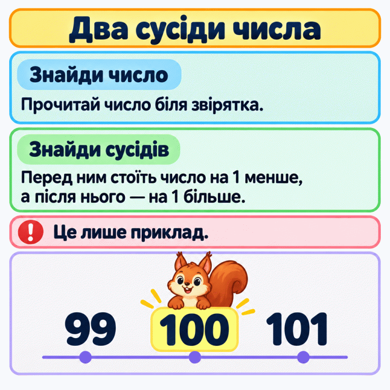 Приклад: біля звірятка число 100. Перед ним стоїть 99, а після нього — 101. Два сусіди числа Знайди число: Прочитай число біля звірятка. Знайди сусідів: Перед ним стоїть число на 1 менше, а після нього — на 1 більше. Це лише приклад. 99 100 101 !