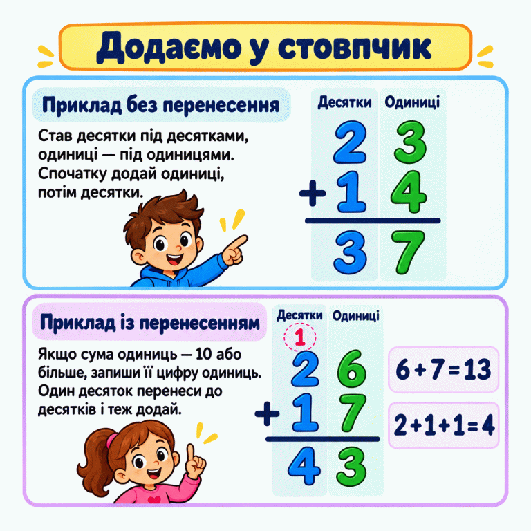 Два навчальні приклади додавання у стовпчик. У першому 23 + 14 = 37: десятки стоять під десятками, одиниці — під одиницями; спочатку додають одиниці. У другому 26 + 17 = 43: 6 + 7 = 13, тому 3 записано в одиницях, а 1 перенесено до десятків. Десятки додають разом із перенесеним десятком. Додаємо у стовпчик Приклад без перенесення: Став десятки під десятками, одиниці — під одиницями. Спочатку додай одиниці, потім десятки. Приклад із перенесенням: Якщо сума одиниць — 10 або більше, запиши її цифру одиниць. Один десяток перенеси до десятків і теж додай. Десятки Одиниці 23 +14 37 26 +17 1 43 6 + 7 = 13 2 + 1 + 1 = 4