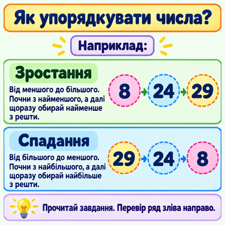 Приклад упорядкування тих самих чисел у двох напрямках: зростання — 8, 24, 29; спадання — 29, 24, 8. Для зростання щоразу обирають найменше з решти, для спадання — найбільше. Як упорядкувати числа? Зростання: Від меншого до більшого. Почни з найменшого, а далі щоразу обирай найменше з решти. Спадання: Від більшого до меншого. Почни з найбільшого, а далі щоразу обирай найбільше з решти. Прочитай завдання. Перевір ряд зліва направо. Наприклад: 8 24 29