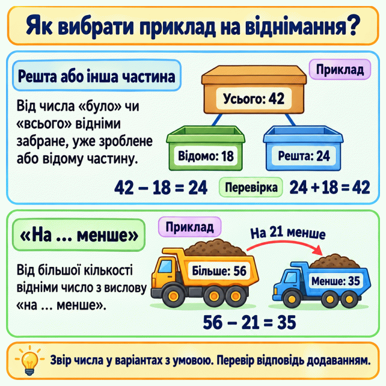 Два навчальні приклади віднімання. У першому ціле 42 складається з відомої частини 18 і решти 24: 42 − 18 = 24; перевірка — 24 + 18 = 42. У другому від більшої кількості 56 віднімають різницю 21 й отримують меншу кількість 35. Як вибрати приклад на віднімання? Решта або інша частина: Від числа «було» чи «всього» відніми забране, уже зроблене або відому частину. «На … менше»: Від більшої кількості відніми число з вислову «на … менше». Звір числа у варіантах з умовою. Перевір відповідь додаванням. Приклад Усього: 42 Відомо: 18 Решта: 24 42 − 18 = 24 Перевірка 24 + 18 = 42 Більше: 56 На 21 менше Менше: 35 56 − 21 = 35