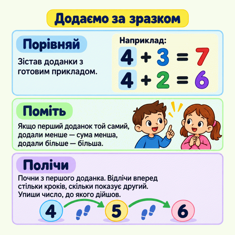 Навчальний приклад додавання: 4 + 3 = 7 і 4 + 2 = 6. Перший доданок однаковий, а другий доданок і сума в другій рівності менші. Числова доріжка показує два кроки від 4 через 5 до 6. Додаємо за зразком Порівняй: Зістав доданки з готовим прикладом. Поміть: Якщо перший доданок той самий, додали менше — сума менша, додали більше — більша. Полічи: Почни з першого доданка. Відлічи вперед стільки кроків, скільки показує другий. Упиши число, до якого дійшов. Наприклад: 4 + 3 = 7 4 + 2 = 6 4 5 6