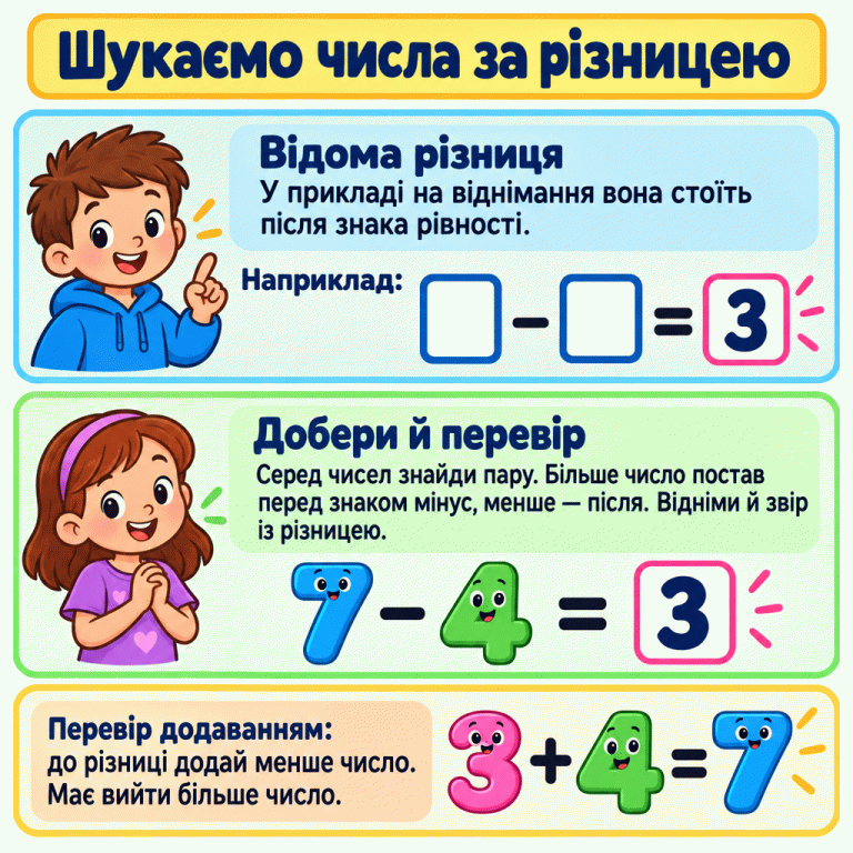 Відома різниця стоїть після знака рівності у відніманні. Навчальний приклад: □ − □ = 3, далі 7 − 4 = 3. Перевірка додаванням: 3 + 4 = 7. Шукаємо числа за різницею Відома різниця: У прикладі на віднімання вона стоїть після знака рівності. Добери й перевір: Серед чисел знайди пару. Більше число постав перед знаком мінус, менше — після. Відніми й звір із різницею. Перевір додаванням: до різниці додай менше число. Має вийти більше число. Наприклад: □ − = 3 7 4 +