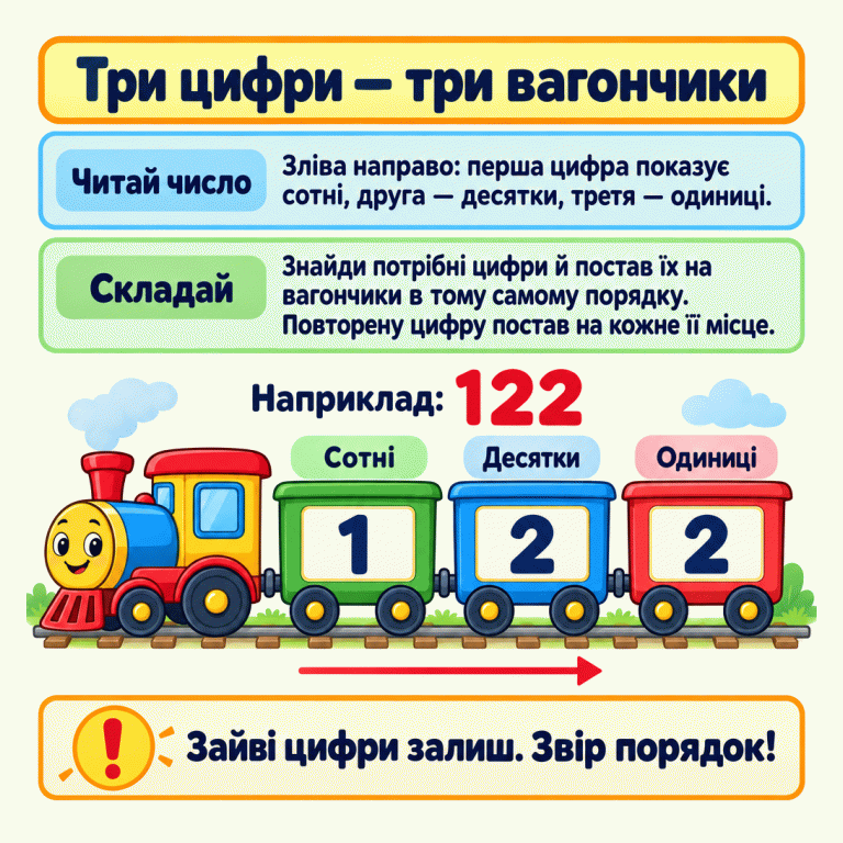 Навчальний приклад: над поїздом число 122. На трьох вагончиках зліва направо стоять 1, 2, 2; над ними підписи «Сотні», «Десятки», «Одиниці». Однакова цифра займає два різні місця. Три цифри — три вагончики Читай число: Зліва направо: перша цифра показує сотні, друга — десятки, третя — одиниці. Складай: Знайди потрібні цифри й постав їх на вагончики в тому самому порядку. Повторену цифру постав на кожне її місце. Зайві цифри залиш. Звір порядок! Наприклад: 122 Сотні Десятки Одиниці 1 2 !