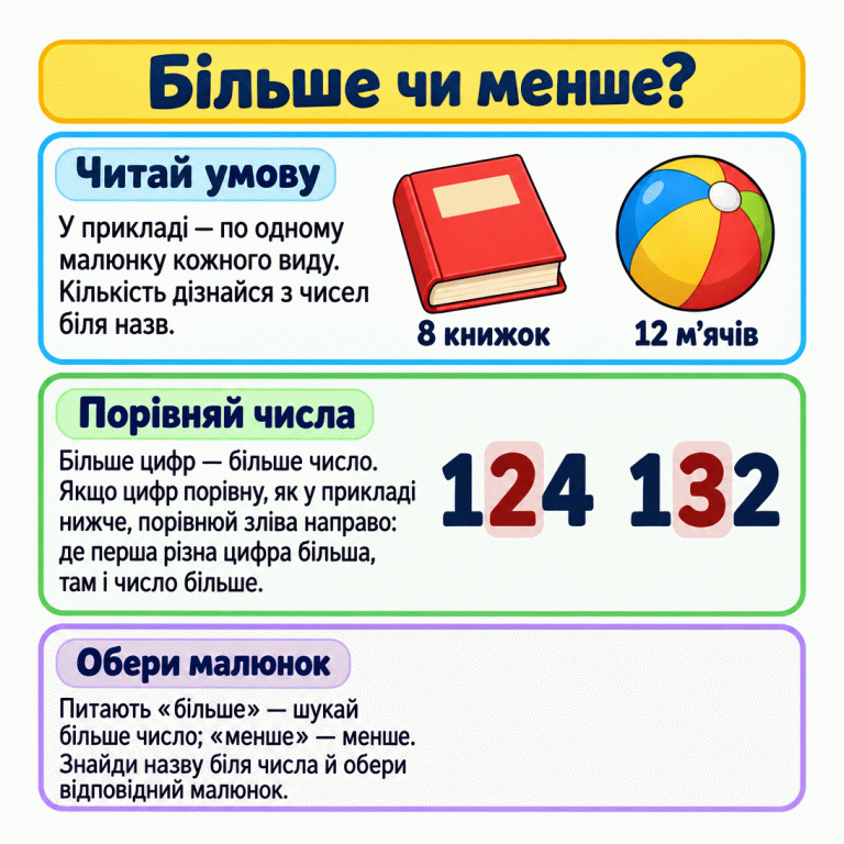 Одна книжка має підпис «8 книжок», один м’яч — «12 м’ячів»: кількість беруть із чисел, а не лічать малюнки. У парі 124 і 132 перші цифри однакові, а далі 2 менше за 3. Картка нагадує шукати більше або менше число за запитанням і обирати малюнок за назвою біля нього. Більше чи менше? Читай умову: У прикладі — по одному малюнку кожного виду. Кількість дізнайся з чисел біля назв. Порівняй числа: Більше цифр — більше число. Якщо цифр порівну, як у прикладі нижче, порівнюй зліва направо: де перша різна цифра більша, там і число більше. Обери малюнок: Питають «більше» — шукай більше число; «менше» — менше. Знайди назву біля числа й обери відповідний малюнок. 8 книжок 12 м’ячів 124 132