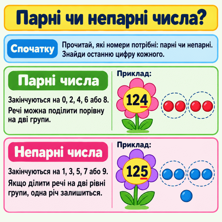 Спочатку з’ясуй, чи потрібні парні або непарні номери, і перевір останню цифру кожного. На квітці з парним навчальним номером 124 підкреслено 4; окремо чотири фішки поділено на дві рівні групи. На квітці з непарним номером 125 підкреслено 5; з п’яти фішок після поділу на дві рівні групи одна залишається. Парні чи непарні числа? Спочатку: Прочитай, які номери потрібні: парні чи непарні. Знайди останню цифру кожного. Парні числа: Закінчуються на 0, 2, 4, 6 або 8. Речі можна поділити порівну на дві групи. Непарні числа: Закінчуються на 1, 3, 5, 7 або 9. Якщо ділити речі на дві рівні групи, одна річ залишиться. Приклад: 124 125