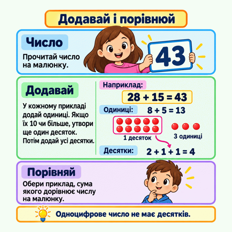 Дитина показує задане число 43. У навчальному прикладі 28 + 15 = 43: тринадцять одиниць утворюють один десяток і три одиниці, а додавання всіх десятків дає чотири десятки. Суму порівнюють із числом на табличці. Додавай і порівнюй Число: Прочитай число на малюнку. Додавай: У кожному прикладі додай одиниці. Якщо їх 10 чи більше, утвори ще один десяток. Потім додай усі десятки. Порівняй: Обери приклад, сума якого дорівнює числу на малюнку. Одноцифрове число не має десятків. 43 Наприклад: 28 + 15 = 43 Одиниці: 8 + 5 = 13 1 десяток 3 одиниці Десятки: 2 + 1 + 1 = 4