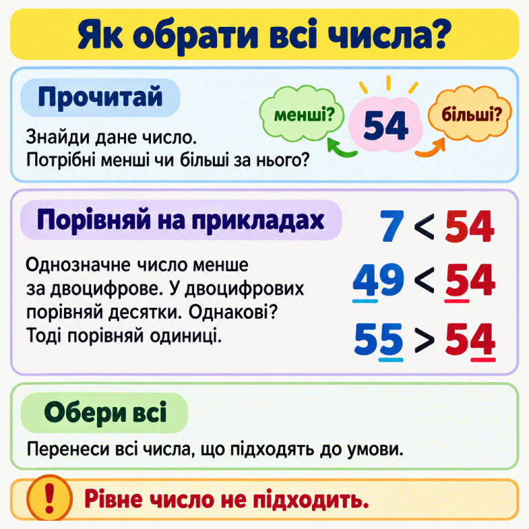 Картка пояснює, як знайти всі числа, менші або більші за дане. Приклади: 7 < 54, 49 < 54, 55 > 54. У двоцифрових числах спочатку порівнюємо десятки, а якщо вони однакові — одиниці. Рівне число не підходить. Як обрати всі числа? Прочитай: Знайди дане число. Потрібні менші чи більші за нього? Порівняй на прикладах: Однозначне число менше за двоцифрове. У двоцифрових порівняй десятки. Однакові? Тоді порівняй одиниці. Обери всі: Перенеси всі числа, що підходять до умови. Рівне число не підходить. 7 < 54 49 < 54 55 > 54 менші? 54 більші? !