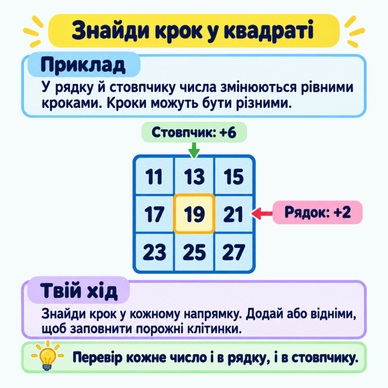 Приклад квадрата три на три: 11, 13, 15; 17, 19, 21; 23, 25, 27. Число 19 виділене як вставлене. У рядках крок плюс два, у стовпчиках — плюс шість. Картка радить знаходити обидва кроки та перевіряти кожне вставлене число. Знайди крок у квадраті Приклад: У рядку й стовпчику числа змінюються рівними кроками. Кроки можуть бути різними. Твій хід: Знайди крок у кожному напрямку. Додай або відніми, щоб заповнити порожні клітинки. Перевір кожне число і в рядку, і в стовпчику. 11 13 15 17 19 21 23 25 27 Рядок: +2 Стовпчик: +6