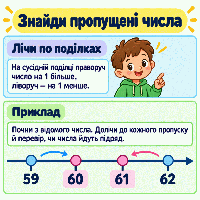 Приклад числового променя: відоме число 59, далі на двох заповнених поділках 60 і 61, потім відоме число 62. Праворуч числа збільшуються на один за кожну поділку, ліворуч — зменшуються. Знайди пропущені числа Лічи по поділках: На сусідній поділці праворуч число на 1 більше, ліворуч — на 1 менше. Приклад: Почни з відомого числа. Долічи до кожного пропуску й перевір, чи числа йдуть підряд. 59 60 61 62