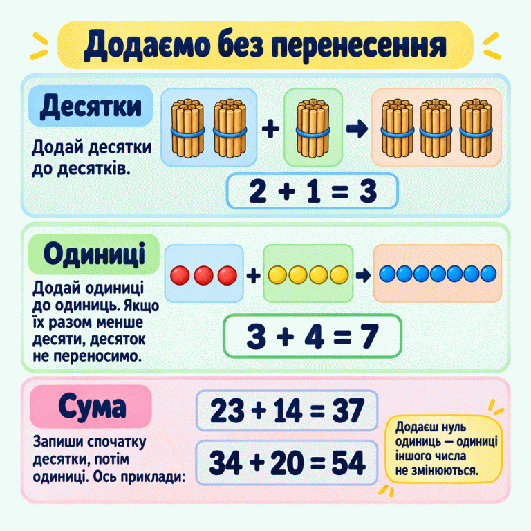 Картка пояснює додавання без перенесення. Два десятки й один десяток дають три десятки; три кружечки й чотири кружечки дають сім. Унизу показано навчальні приклади 23 + 14 = 37 і 34 + 20 = 54 та нагадування про нуль одиниць. Додаємо без перенесення Десятки: Додай десятки до десятків. Одиниці: Додай одиниці до одиниць. Якщо їх разом менше десяти, десяток не переносимо. Сума: Запиши спочатку десятки, потім одиниці. Ось приклади: Додаєш нуль одиниць — одиниці іншого числа не змінюються. 2 + 1 = 3 3 + 4 = 7 23 + 14 = 37 34 + 20 = 54 + +