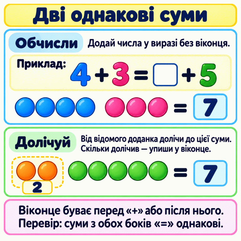 Навчальний приклад 4 + 3 = □ + 5. Верхній ряд показує чотири й три кружечки — разом сім. Нижній показує два й п’ять кружечків — теж сім. Біля двох кружечків стоїть число 2. Дві однакові суми Обчисли: Додай числа у виразі без віконця. Долічуй: Від відомого доданка долічи до цієї суми. Скільки долічив — упиши у віконце. Віконце буває перед «+» або після нього. Перевір: суми з обох боків «=» однакові. Приклад: 4 + 3 = □ + 5 7 2 = =