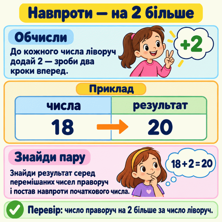 До кожного числа ліворуч додай 2, знайди результат серед перемішаних чисел і постав його навпроти. У навчальному прикладі 18 ліворуч і 20 праворуч стоять в одному рядку. Навпроти — на 2 більше Обчисли: До кожного числа ліворуч додай 2 — зроби два кроки вперед. Знайди пару: Знайди результат серед перемішаних чисел праворуч і постав навпроти початкового числа. Перевір: число праворуч на 2 більше за число ліворуч. Приклад числа результат 18 20 +2 18+2=20 ✓