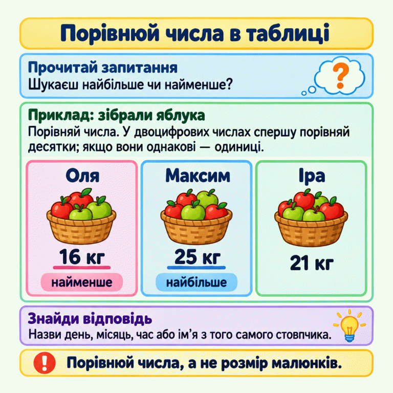 Картка вчить порівнювати числа в таблиці й читати підпис у стовпчику потрібного числа. У прикладі про яблука Оля зібрала 16 кг, Максим — 25 кг, Іра — 21 кг. Найменше в цьому прикладі — 16 кг, найбільше — 25 кг. Порівнюй числа в таблиці Прочитай запитання: Шукаєш найбільше чи найменше? Приклад: зібрали яблука: Порівняй числа. У двоцифрових числах спершу порівняй десятки; якщо вони однакові — одиниці. Знайди відповідь: Назви день, місяць, час або ім’я з того самого стовпчика. Порівнюй числа, а не розмір малюнків. Оля Максим Іра 16 кг 25 кг 21 кг найменше найбільше ? !