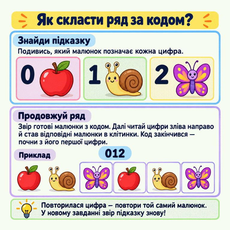 Навчальний приклад: три цифри мають по одному малюнку в підказці. Код 012 показано поруч із рядом із двох однакових за порядком трійок малюнків. Перші два малюнки вже готові, решта продовжують ряд. Як скласти ряд за кодом? Знайди підказку: Подивись, який малюнок позначає кожна цифра. Продовжуй ряд: Звір готові малюнки з кодом. Далі читай цифри зліва направо й став відповідні малюнки в клітинки. Код закінчився — почни з його першої цифри. Повторилася цифра — повтори той самий малюнок. У новому завданні звір підказку знову! Приклад 1 2 012