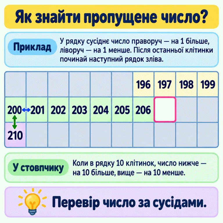 Навчальний приклад таблиці з десятьма клітинками в рядку. Числа 196–199 завершують верхній рядок, 200–206 починають наступний, а 210 стоїть під 200. Порожня клітинка після 206 і під 197 виділена. Стрілки допомагають порівняти сусідні числа в рядку та стовпчику. Як знайти пропущене число? Приклад: У рядку сусіднє число праворуч — на 1 більше, ліворуч — на 1 менше. Після останньої клітинки починай наступний рядок зліва. У стовпчику: Коли в рядку 10 клітинок, число нижче — на 10 більше, вище — на 10 менше. Перевір число за сусідами. 196 197 198 199 200 201 202 203 204 205 206 210