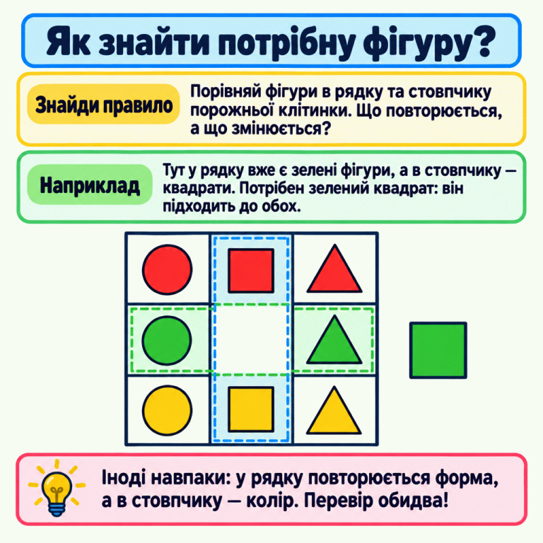 У навчальному прикладі середній рядок сітки містить зелений круг і зелений трикутник, а середній стовпчик — два квадрати різних кольорів. Центральна клітинка порожня. Поряд зелений квадрат, який підходить за кольором до рядка й за формою до стовпчика. Як знайти потрібну фігуру? Знайди правило: Порівняй фігури в рядку та стовпчику порожньої клітинки. Що повторюється, а що змінюється? Наприклад: Тут у рядку вже є зелені фігури, а в стовпчику — квадрати. Потрібен зелений квадрат: він підходить до обох. Іноді навпаки: у рядку повторюється форма, а в стовпчику — колір. Перевір обидва!