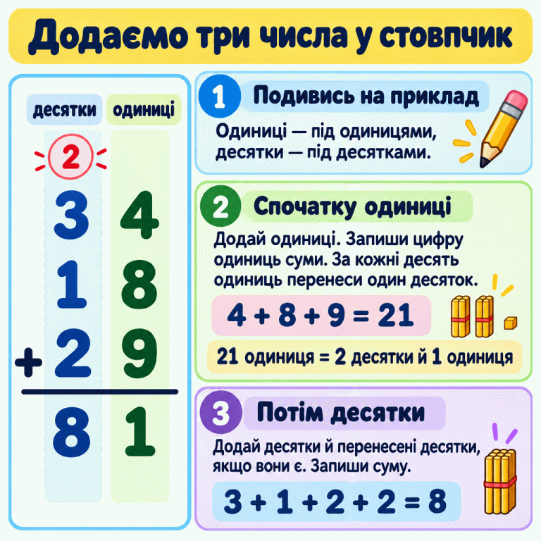 Приклад додавання 34, 18 і 29 у стовпчик. Одиниці дають 21: записують 1, а 2 десятки переносять. Разом із перенесеними десятками виходить сума 81. Додаємо три числа у стовпчик Подивись на приклад: Одиниці — під одиницями, десятки — під десятками. Спочатку одиниці: Додай одиниці. Запиши цифру одиниць суми. За кожні десять одиниць перенеси один десяток. Потім десятки: Додай десятки й перенесені десятки, якщо вони є. Запиши суму. десятки одиниці 34 18 29 + 2 81 4 + 8 + 9 = 21 21 одиниця = 2 десятки й 1 одиниця 3 + 1 + 2 + 2 = 8 1 2 3