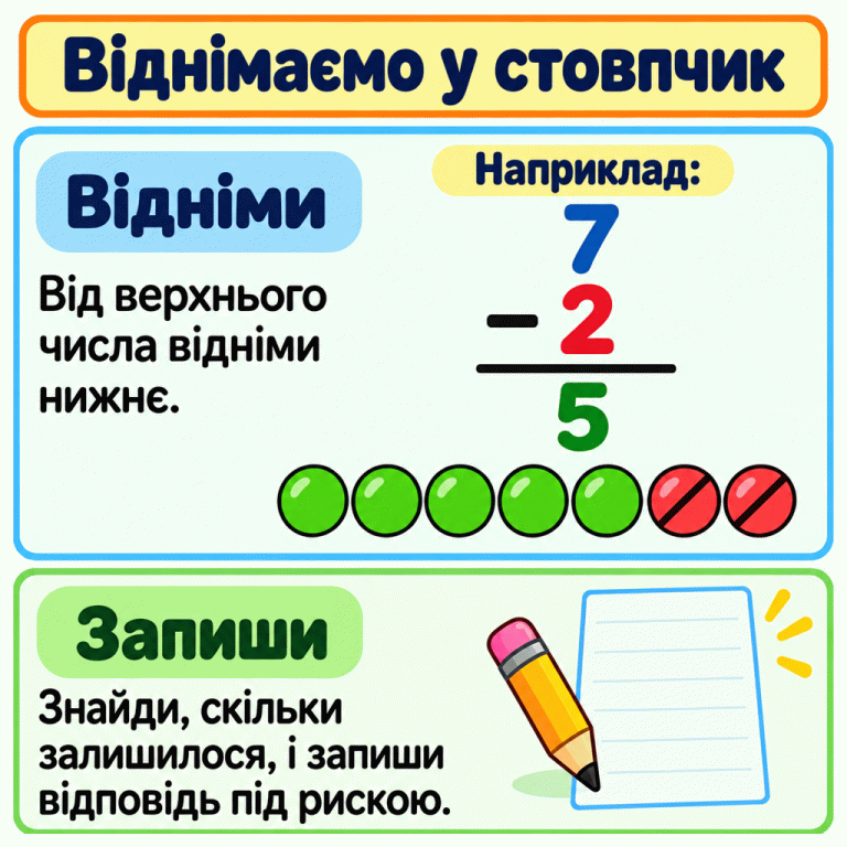 Картка про віднімання у стовпчик. У навчальному прикладі 7 стоїть над 2, мінус — біля 2, а 5 — під рискою. Із семи кружечків два закреслені, п’ять залишилися. Віднімаємо у стовпчик Відніми: Від верхнього числа відніми нижнє. Запиши: Знайди, скільки залишилося, і запиши відповідь під рискою. Наприклад: 7 − 2 5