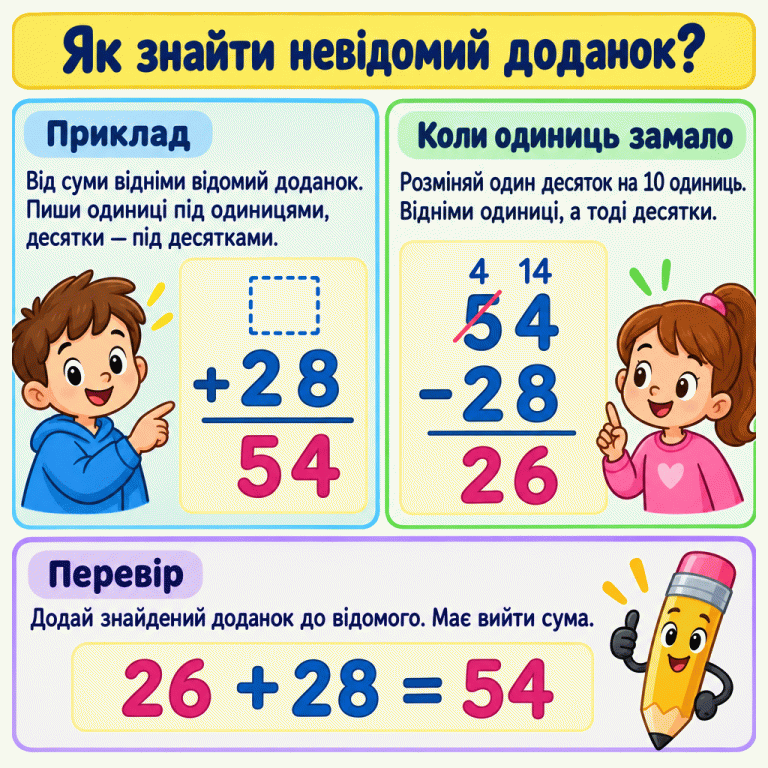 Навчальний приклад: порожній доданок і 28 дають 54. Щоб знайти пропущене число, від 54 віднімають 28 стовпчиком, розмінявши десяток; виходить 26. Перевірка: 26 + 28 = 54. Як знайти невідомий доданок? Приклад: Від суми відніми відомий доданок. Пиши одиниці під одиницями, десятки — під десятками. Коли одиниць замало: Розміняй один десяток на 10 одиниць. Відніми одиниці, а тоді десятки. Перевір: Додай знайдений доданок до відомого. Має вийти сума. □ + 28 54 − 26 4 14 =