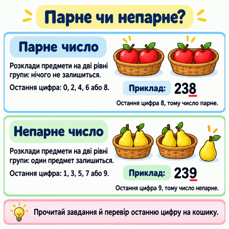 Картка пояснює парні й непарні числа. Чотири фрукти розкладено у дві рівні групи без залишку; у прикладі 238 підкреслено останню цифру 8. П’ять фруктів розкладено у дві рівні групи з одним зайвим; у прикладі 239 підкреслено останню цифру 9. Поруч наведено правила для останніх цифр. Парне чи непарне? Парне число: Розклади предмети на дві рівні групи: нічого не залишиться. Остання цифра: 0, 2, 4, 6 або 8. Непарне число: Розклади предмети на дві рівні групи: один предмет залишиться. Остання цифра: 1, 3, 5, 7 або 9. Прочитай завдання й перевір останню цифру на кошику. Приклад: 238 239 Остання цифра 8, тому число парне. Остання цифра 9, тому число непарне.