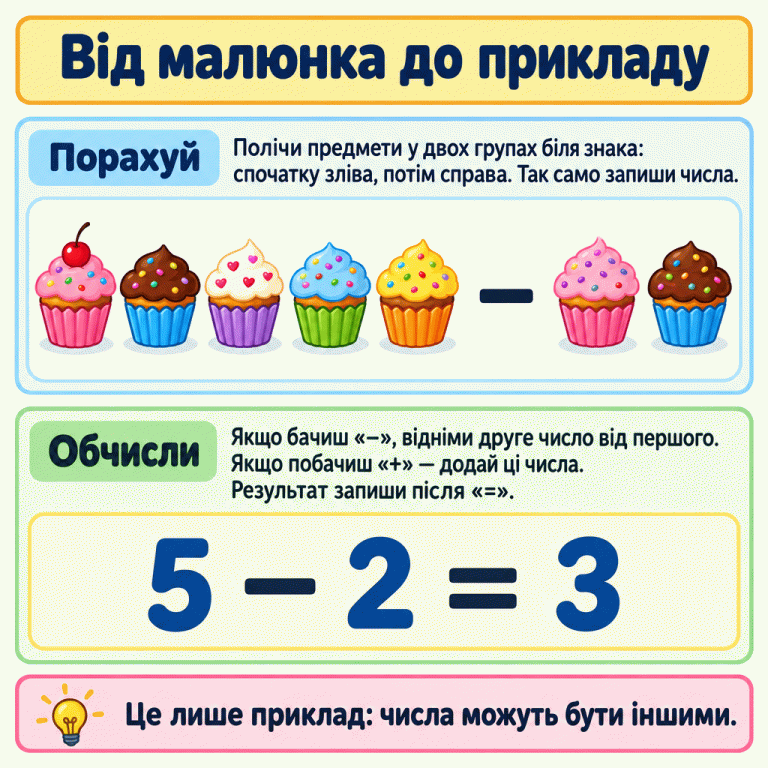 На навчальному малюнку п’ять кексиків ліворуч, знак мінус і два кексики праворуч. Нижче записано 5 − 2 = 3. Підказка радить спочатку полічити обидві групи, а потім виконати дію за знаком. Від малюнка до прикладу Порахуй: Полічи предмети у двох групах біля знака: спочатку зліва, потім справа. Так само запиши числа. Обчисли: Якщо бачиш «−», відніми друге число від першого. Якщо побачиш «+» — додай ці числа. Результат запиши після «=». Це лише приклад: числа можуть бути іншими. − 5 2 = 3
