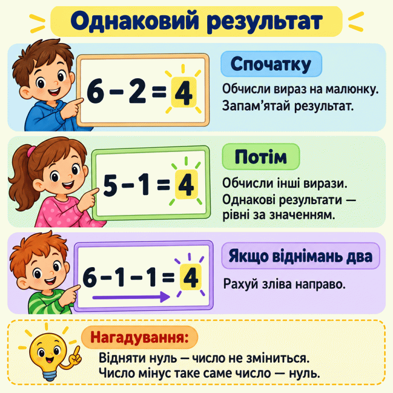 Картка пояснює: спершу обчисли даний вираз, потім інші й порівняй результати. У навчальному прикладі три різні вирази дорівнюють чотирьом. Два послідовні віднімання виконують зліва направо. Однаковий результат Спочатку: Обчисли вираз на малюнку. Запам’ятай результат. Потім: Обчисли інші вирази. Однакові результати — рівні за значенням. Якщо віднімань два: Рахуй зліва направо. Відняти нуль — число не зміниться. Число мінус таке саме число — нуль. 6 − 2 = 4 5 − 1 = 4 6 − 1 − 1 = 4 Нагадування: