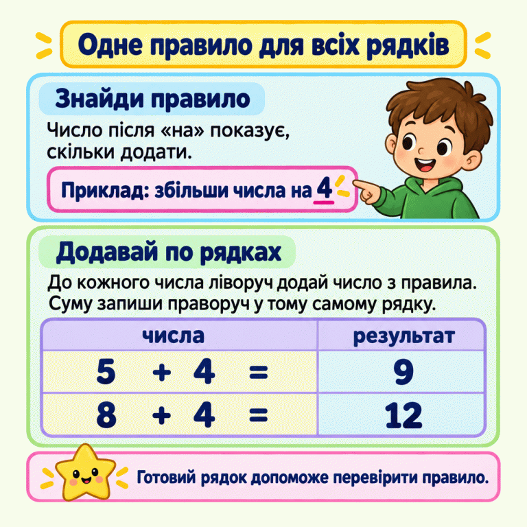 Навчальний приклад: збільши числа на 4. У першому рядку 5 + 4 = 9, у другому 8 + 4 = 12. До кожного числа ліворуч додаємо число з правила, а суму записуємо праворуч у тому самому рядку. Одне правило для всіх рядків Знайди правило: Число після «на» показує, скільки додати. Додавай по рядках: До кожного числа ліворуч додай число з правила. Суму запиши праворуч у тому самому рядку. Готовий рядок допоможе перевірити правило. Приклад: збільши числа на 4 числа результат 5 + 4 = 9 8 12