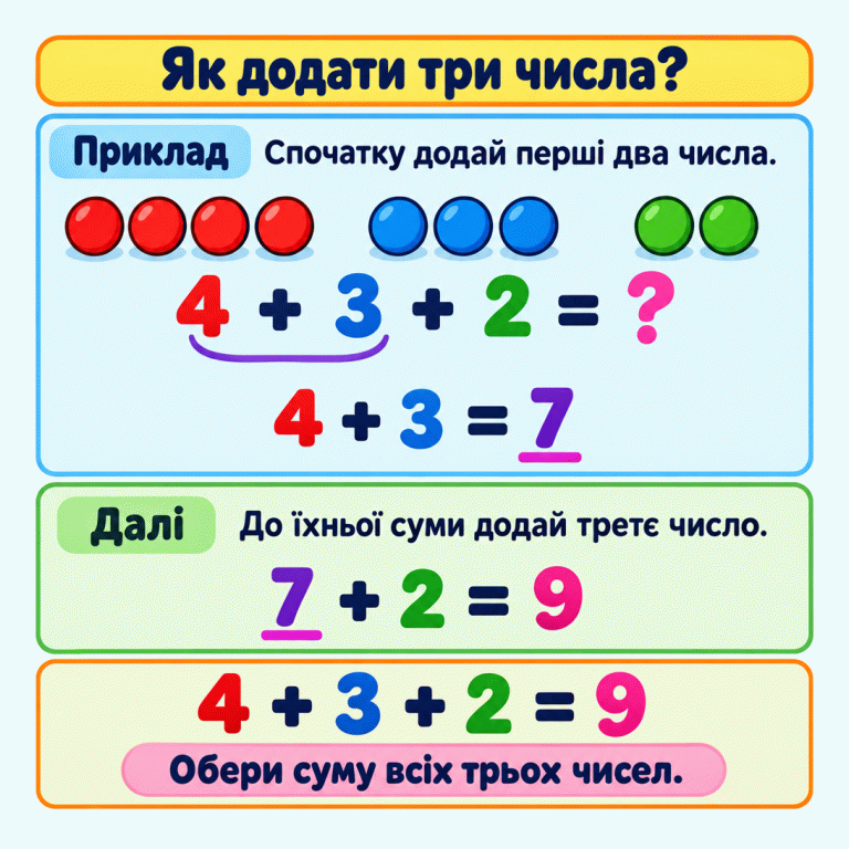 Навчальний приклад додавання трьох чисел: 4 + 3 + 2 = ?. Фішки зібрані в групи по 4, 3 і 2. Спочатку 4 + 3 = 7, потім 7 + 2 = 9, отже 4 + 3 + 2 = 9. Як додати три числа? Приклад: Спочатку додай перші два числа. Далі: До їхньої суми додай третє число. Обери суму всіх трьох чисел. 4 + 3 + 2 = ? 4 + 3 = 7 7 + 2 = 9 4 + 3 + 2 = 9