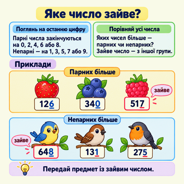 Правило останньої цифри для парних і непарних чисел. У першому короткому прикладі серед двох парних чисел зайве непарне; у другому серед двох непарних зайве парне. До кожного числа прикріплено предмет. Яке число зайве? Поглянь на останню цифру: Парні числа закінчуються на 0, 2, 4, 6 або 8. Непарні — на 1, 3, 5, 7 або 9. Порівняй усі числа: Яких чисел більше — парних чи непарних? Зайве число — з іншої групи. Передай предмет із зайвим числом. Приклади Парних більше 126 340 517 Непарних більше 648 131 275 зайве