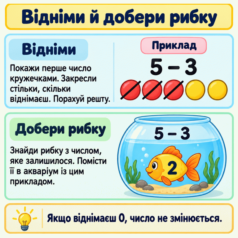 Навчальний приклад: біля 5 − 3 з п’яти кружечків три закреслено, два залишилися. Рибка з числом 2 перебуває в акваріумі з прикладом 5 − 3. Віднімання нуля не змінює числа. Відніми й добери рибку Відніми: Покажи перше число кружечками. Закресли стільки, скільки віднімаєш. Порахуй решту. Добери рибку: Знайди рибку з числом, яке залишилося. Помісти її в акваріум із цим прикладом. Якщо віднімаєш 0, число не змінюється. Приклад 5 − 3 2