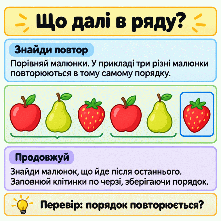 У навчальному ряду три різні фрукти повторюються в тому самому порядку. Після п’яти малюнків у виділеній комірці стоїть наступний — такий самий фрукт, як третій. Що далі в ряду? Знайди повтор: Порівняй малюнки. У прикладі три різні малюнки повторюються в тому самому порядку. Продовжуй: Знайди малюнок, що йде після останнього. Заповнюй клітинки по черзі, зберігаючи порядок. Перевір: порядок повторюється?