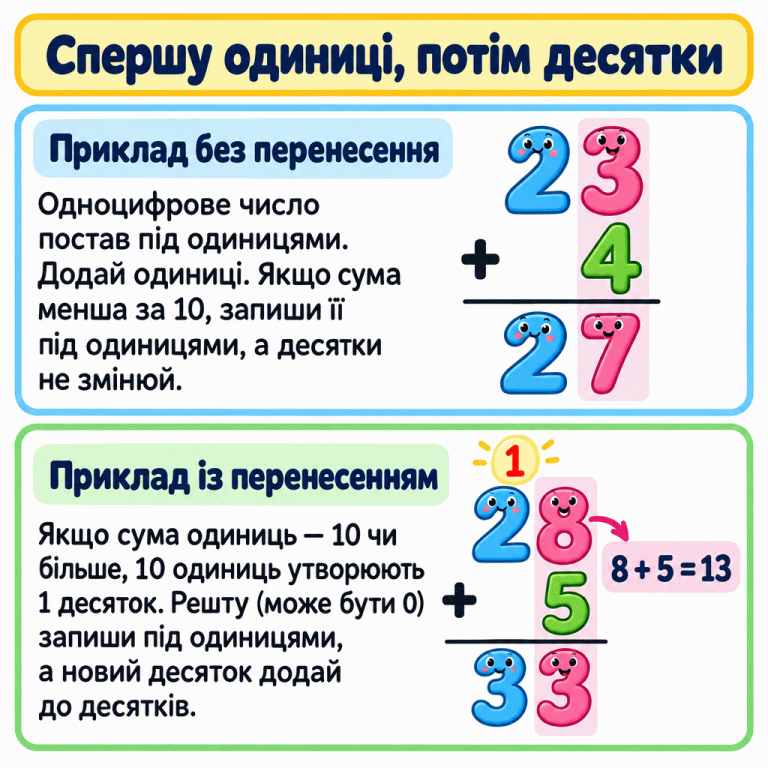 Два приклади додавання в стовпчик. У першому 23 + 4 = 27: одиниці стоять під одиницями, перенесення немає. У другому 28 + 5 = 33: 8 + 5 = 13, тому 3 записують в одиницях, а 1 десяток додають до десятків. Якщо одиниць залишилося 0, його теж записують. Спершу одиниці, потім десятки Приклад без перенесення: Одноцифрове число постав під одиницями. Додай одиниці. Якщо сума менша за 10, запиши її під одиницями, а десятки не змінюй. Приклад із перенесенням: Якщо сума одиниць — 10 чи більше, 10 одиниць утворюють 1 десяток. Решту (може бути 0) запиши під одиницями, а новий десяток додай до десятків. 23 + 4 27 28 + 5 8 + 5 = 13 1 33