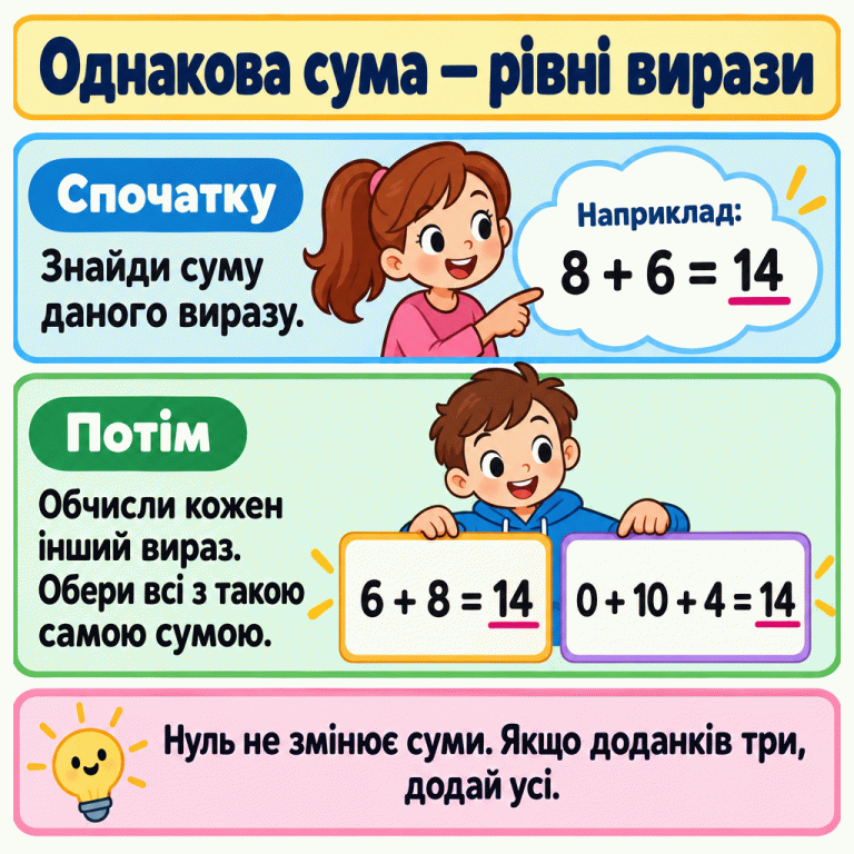 Навчальний приклад порівняння сум: 8 + 6 = 14. Вирази 6 + 8 = 14 і 0 + 10 + 4 = 14 теж дають 14. Спочатку знаходь суму даного виразу, потім обчислюй інші й обирай усі з такою самою сумою. Однакова сума — рівні вирази Спочатку: Знайди суму даного виразу. Потім: Обчисли кожен інший вираз. Обери всі з такою самою сумою. Нуль не змінює суми. Якщо доданків три, додай усі. Наприклад: 8 + 6 = 14 6 + 8 = 14 0 + 10 + 4 = 14