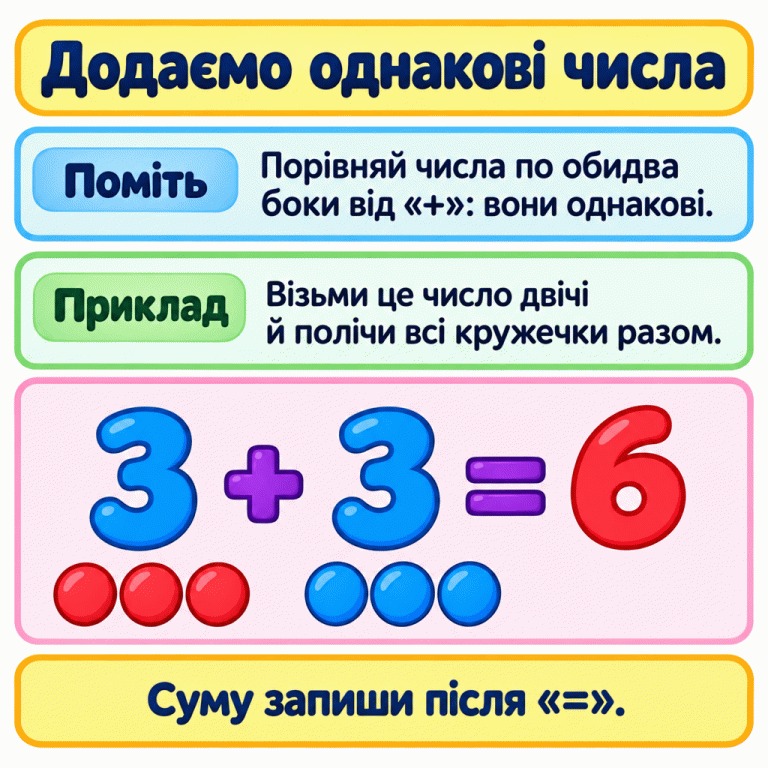 Картка про додавання однакових чисел. У навчальному прикладі 3 + 3 = 6 під кожною трійкою є три кружечки: дві рівні групи дають разом шість. Сума записана після знака рівності. Додаємо однакові числа Поміть: Порівняй числа по обидва боки від «+»: вони однакові. Приклад: Візьми це число двічі й полічи всі кружечки разом. Суму запиши після «=». 3 + 3 = 6