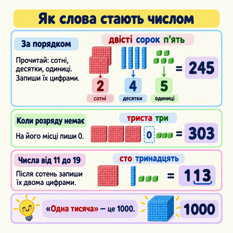 Картка пояснює запис чисел словами: «двісті сорок п’ять» — 245; «триста три» — 303 із нулем замість десятків; «сто тринадцять» — 113 із двома цифрами для слова «тринадцять». Унизу нагадування: «Одна тисяча» — це 1000. Як слова стають числом За порядком: Прочитай: сотні, десятки, одиниці. Запиши їх цифрами. Коли розряду немає: На його місці пиши 0. Числа від 11 до 19: Після сотень запиши їх двома цифрами. «Одна тисяча» — це 1000. двісті сорок п’ять 245 триста три 303 сто тринадцять 113 1000 = 2 4 5 сотні десятки одиниці = =