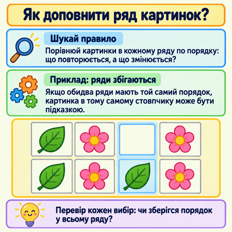 Порівняй картинки по порядку й перевір свій вибір за всім рядом. На схемі показано приклад: унизу чергуються листок і квітка, угорі такий самий порядок з одним пропуском. Картинка під пропуском може підказати вибір, якщо ряди справді збігаються. Як доповнити ряд картинок? Шукай правило: Порівнюй картинки в кожному ряду по порядку: що повторюється, а що змінюється? Приклад: ряди збігаються: Якщо обидва ряди мають той самий порядок, картинка в тому самому стовпчику може бути підказкою. Перевір кожен вибір: чи зберігся порядок у всьому ряду?