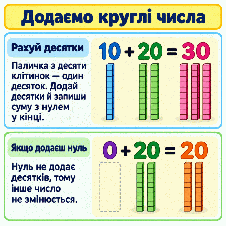 Два навчальні приклади додавання десятків. У «10 + 20 = 30» показано одну паличку, дві палички й три палички. У «0 + 20 = 20» під нулем паличок немає, а доданок і результат мають по дві окремі палички. Кожна паличка складається з десяти клітинок. Додаємо круглі числа Рахуй десятки: Паличка з десяти клітинок — один десяток. Додай десятки й запиши суму з нулем у кінці. Якщо додаєш нуль: Нуль не додає десятків, тому інше число не змінюється. 10 + 20 = 30 0 + 20 = 20