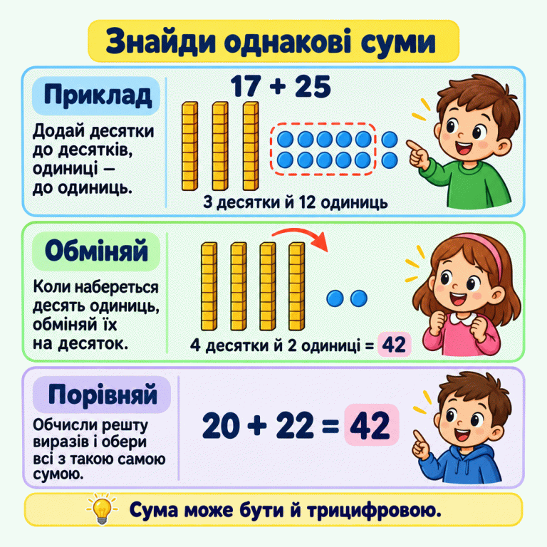 Навчальний приклад: 17 + 25. Спершу показано три вертикальні десятки та дванадцять окремих одиниць. Після обміну десяти одиниць на десяток — чотири десятки й дві одиниці, тобто 42. Вираз 20 + 22 також дорівнює 42. Знайди однакові суми Приклад: Додай десятки до десятків, одиниці — до одиниць. Обміняй: Коли набереться десять одиниць, обміняй їх на десяток. Порівняй: Обчисли решту виразів і обери всі з такою самою сумою. Сума може бути й трицифровою. 17 + 25 3 десятки й 12 одиниць 4 десятки й 2 одиниці = 42 20 + 22 = 42