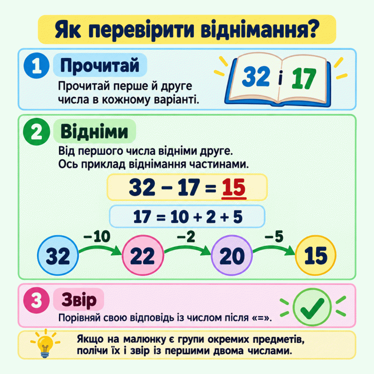 Картка пояснює: прочитай два числа в кожному варіанті, відніми друге від першого й звір число після знака рівності. Навчальний приклад: 32 − 17 = 15. Число 17 розкладено на 10, 2 і 5; схема показує переходи 32, 22, 20, 15. Групи на малюнку варто лічити лише тоді, коли в них видно окремі предмети. Як перевірити віднімання? Прочитай: Прочитай перше й друге числа в кожному варіанті. Відніми: Від першого числа відніми друге. Ось приклад віднімання частинами. Звір: Порівняй свою відповідь із числом після «=». Якщо на малюнку є групи окремих предметів, полічи їх і звір із першими двома числами. 32 − 17 = 15 17 = 10 + 2 + 5 32 22 20 15 −10 −2 −5 1 32 і 17 2 3 ✓