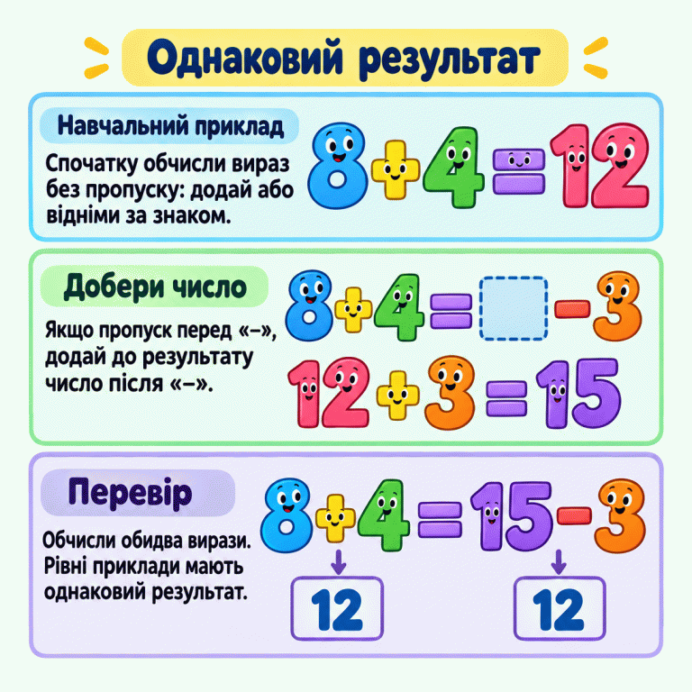 Навчальний приклад у трьох частинах: 8 + 4 = 12; у рівності 8 + 4 = □ − 3 пропущене число знаходять додаванням 12 + 3 = 15; перевірка 8 + 4 = 15 − 3 показує результат 12 для кожного виразу. Однаковий результат Навчальний приклад: Спочатку обчисли вираз без пропуску: додай або відніми за знаком. Добери число: Якщо пропуск перед «−», додай до результату число після «−». Перевір: Обчисли обидва вирази. Рівні приклади мають однаковий результат. 8 + 4 = 12 8 + 4 = □ − 3 12 + 3 = 15 8 + 4 = 15 − 3 12