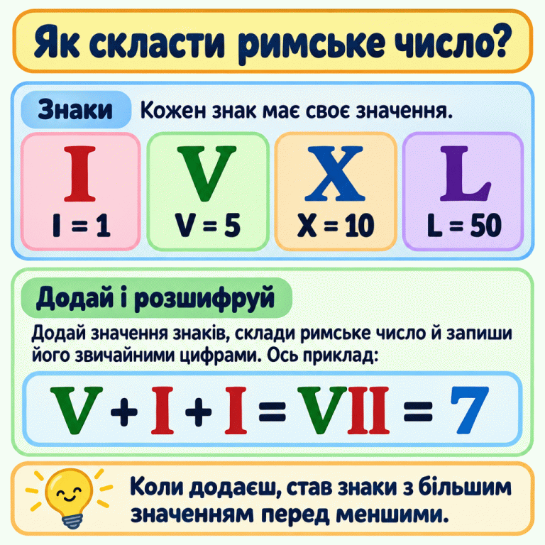 Картка зі значеннями римських знаків I = 1, V = 5, X = 10, L = 50. Навчальний приклад V + I + I = VII = 7 показує, як додати знаки, зберегти повторені I та записати суму звичайною цифрою. Як скласти римське число? Знаки: Кожен знак має своє значення. Додай і розшифруй: Додай значення знаків, склади римське число й запиши його звичайними цифрами. Ось приклад: Коли додаєш, став знаки з більшим значенням перед меншими. I = 1 V = 5 X = 10 L = 50 V + I + I = VII = 7 I V X L
