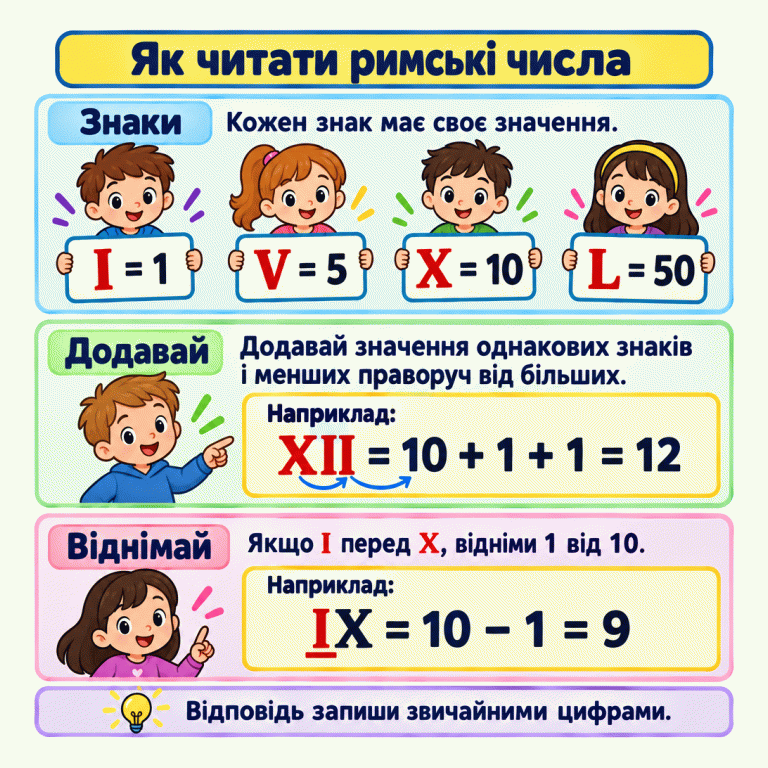 Школярі тримають таблички зі значеннями римських знаків: I = 1, V = 5, X = 10, L = 50. Приклади показують додавання XII = 10 + 1 + 1 = 12 і віднімання IX = 10 − 1 = 9. Як читати римські числа Знаки: Кожен знак має своє значення. Додавай: Додавай значення однакових знаків і менших праворуч від більших. Віднімай: Якщо I перед X, відніми 1 від 10. Відповідь запиши звичайними цифрами. I = 1 V = 5 X = 10 L = 50 Наприклад: XII = 10 + 1 + 1 = 12 IX = 10 − 1 = 9