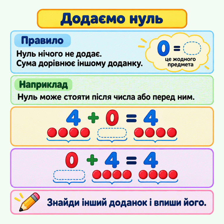 Два навчальні приклади: 4 + 0 = 4 та 0 + 4 = 4. Під четвіркою-доданком у кожному прикладі є чотири фішки, а під нулем — порожня група. Нуль нічого не додає, тому сума дорівнює іншому доданку. Додаємо нуль Правило: Нуль нічого не додає. Сума дорівнює іншому доданку. Наприклад: Нуль може стояти після числа або перед ним. Знайди інший доданок і впиши його. 4 + 0 = 4 0 + 4 = 4 0 = це жодного предмета