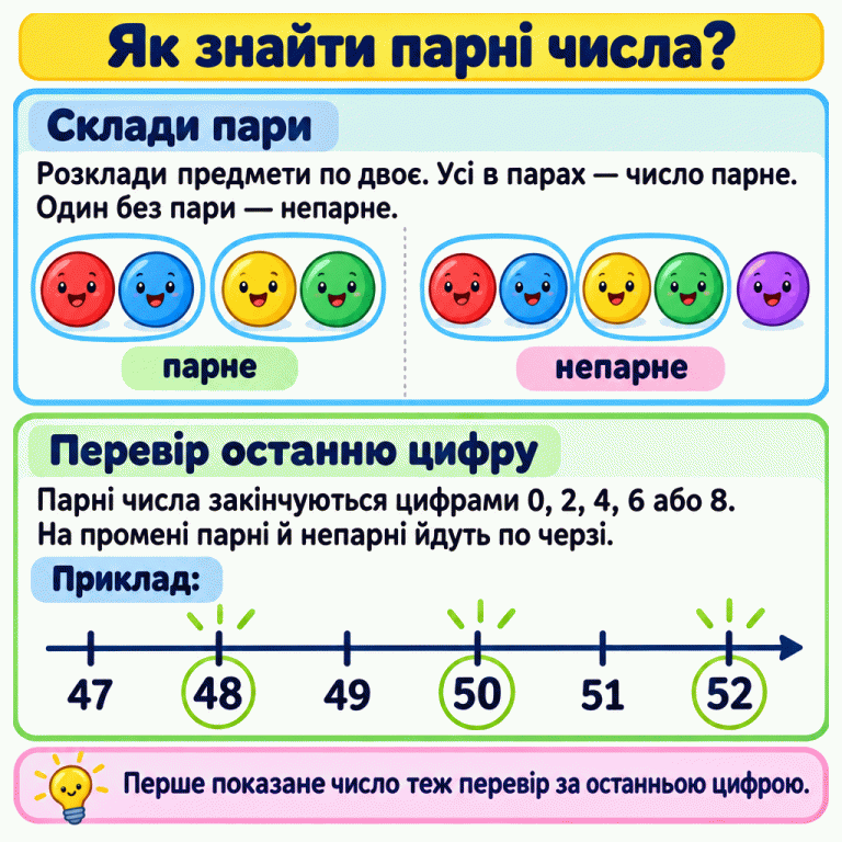 Чотири фішки складено попарно; серед п’яти фішок одна лишається без пари. Нижче показано приклад числового променя від 47 до 52. Позначено парні числа 48, 50 і 52: вони чергуються з непарними. Як знайти парні числа? Склади пари: Розклади предмети по двоє. Усі в парах — число парне. Один без пари — непарне. Перевір останню цифру: Парні числа закінчуються цифрами 0, 2, 4, 6 або 8. На промені парні й непарні йдуть по черзі. Перше показане число теж перевір за останньою цифрою. парне непарне Приклад: 47 48 49 50 51 52