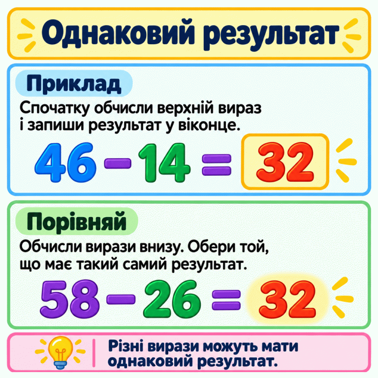 Навчальний приклад: 46 − 14 = 32, результат записано у віконце. Інший вираз, 58 − 26 = 32, має такий самий результат. Однаковий результат Приклад: Спочатку обчисли верхній вираз і запиши результат у віконце. Порівняй: Обчисли вирази внизу. Обери той, що має такий самий результат. Різні вирази можуть мати однаковий результат. 46 − 14 = 32 58 − 26 = 32