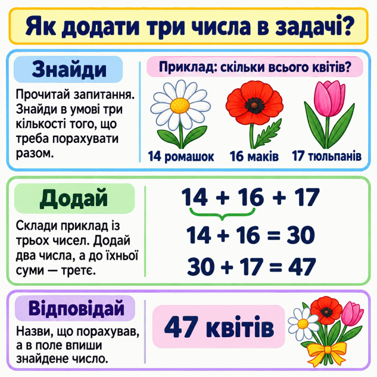 Картка показує, як знайти в задачі три потрібні кількості й додати їх по черзі. У навчальному прикладі рахують усі квіти: 14 ромашок, 16 маків і 17 тюльпанів. Записано 14 + 16 + 17; спочатку 14 + 16 = 30, потім 30 + 17 = 47. Результат прикладу — 47 квітів. Як додати три числа в задачі? Знайди: Прочитай запитання. Знайди в умові три кількості того, що треба порахувати разом. Додай: Склади приклад із трьох чисел. Додай два числа, а до їхньої суми — третє. Відповідай: Назви, що порахував, а в поле впиши знайдене число. Приклад: скільки всього квітів? 14 ромашок 16 маків 17 тюльпанів 14 + 16 + 17 14 + 16 = 30 30 + 17 = 47 47 квітів